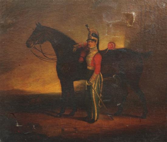 Mid 19th century English School Portrait of a cavalry officer standing beside his horse 24 x 28in.
